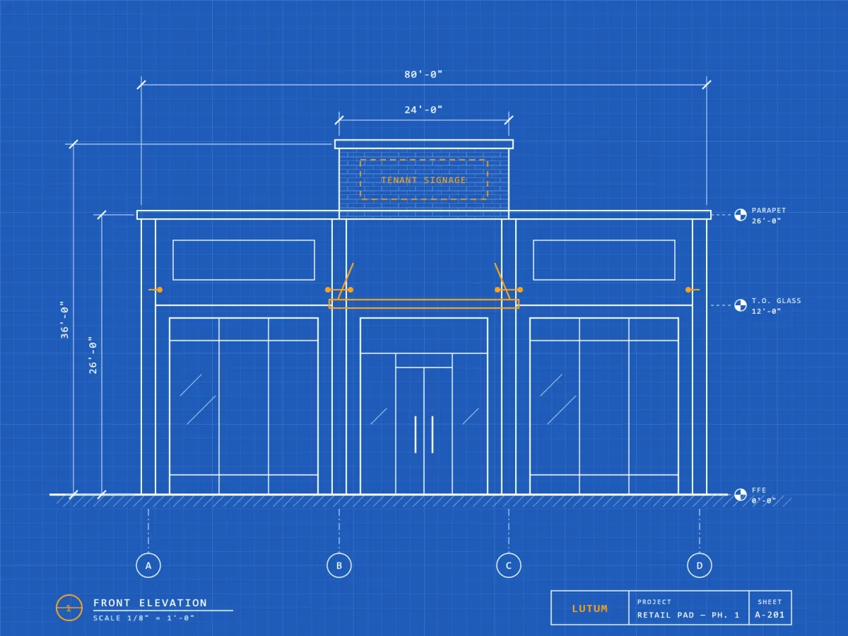 Blueprint front elevation of a Lutum retail pad building